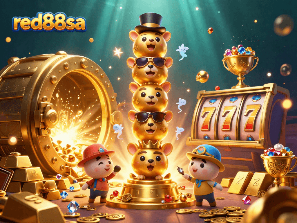 Experience excitement at red88sa with a vibrant 3D casino scene featuring slot reels and treasures.