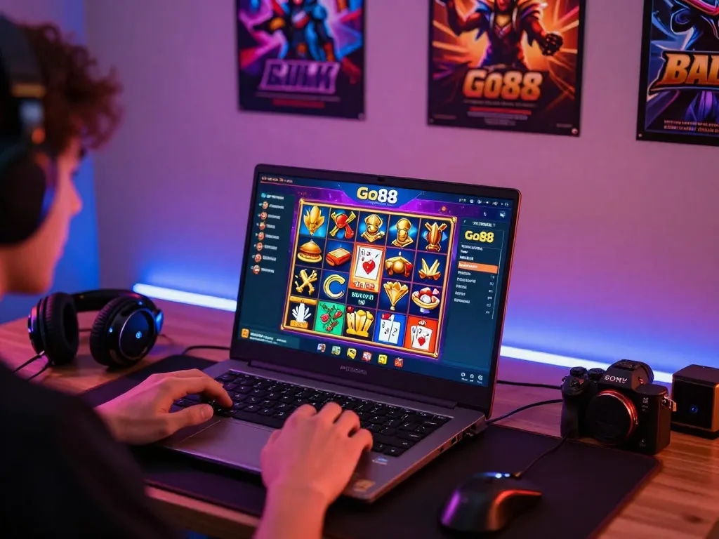 Player enjoying Go88 online gaming with slots and cards visible in a vibrant setup.