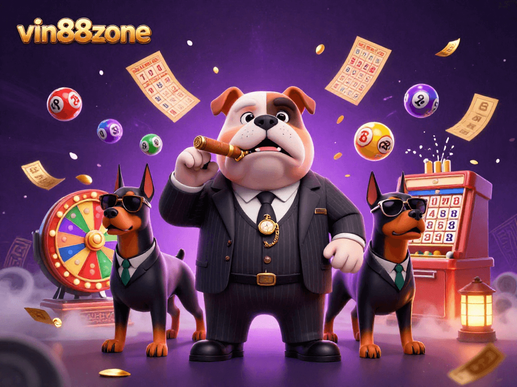 Engage with vin88zone's thrilling lottery scene featuring a mafia bulldog and dynamic game elements.