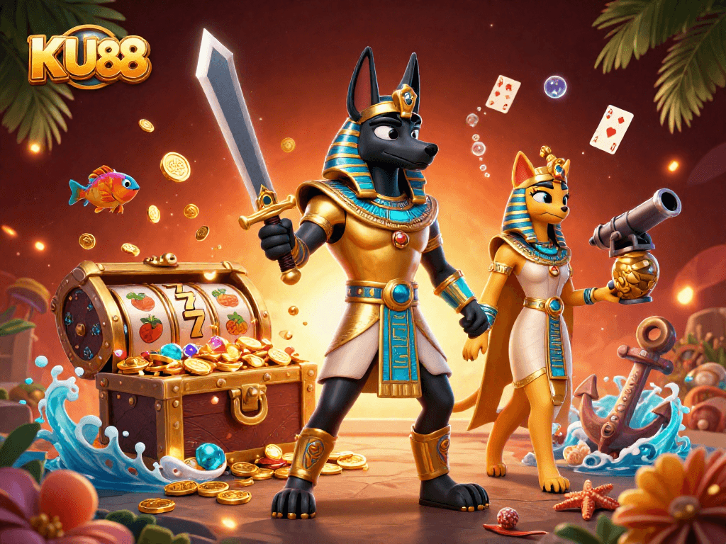 Engage with KU88's vibrant casino world featuring an Anubis warrior and treasure-filled slots.
