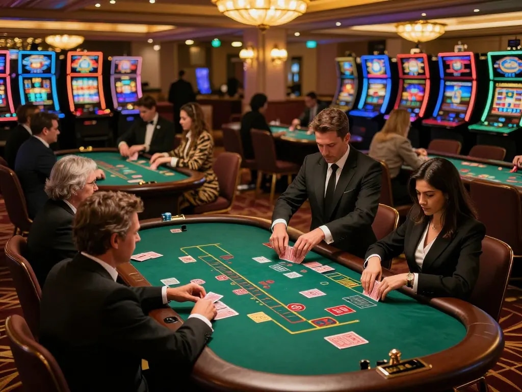 Experience the vibrant casino atmosphere at https://lc88.bio/ with players engaged at blackjack tables under warm lighting.