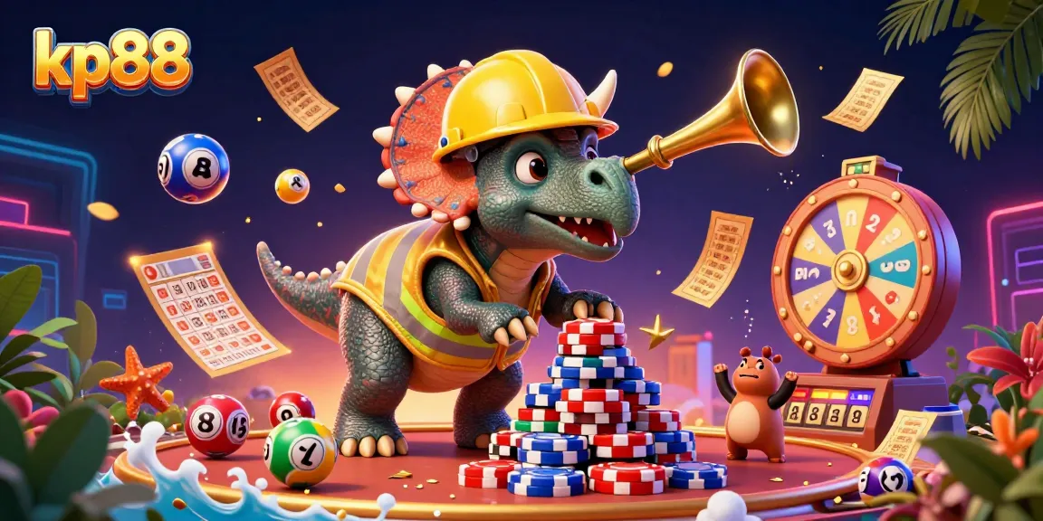 Win big at kp88 with a lively scene of a triceratops building poker chip pyramids amid colorful gaming elements.