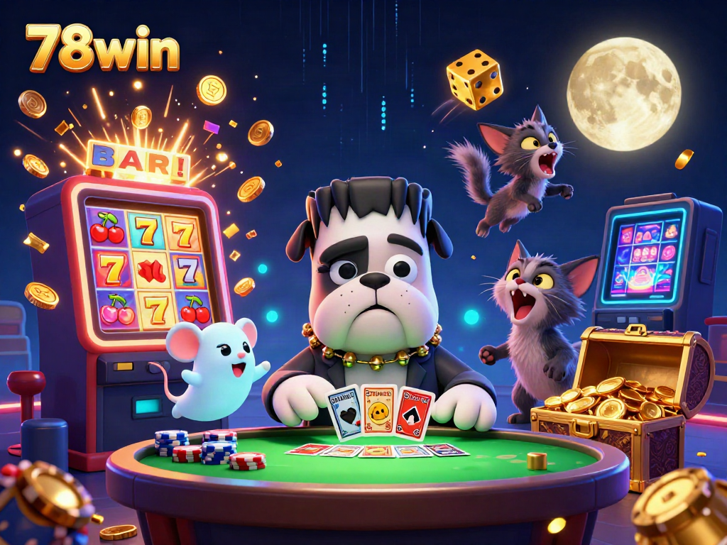 Experience thrilling casino action at 78win with a ghostly twist, featuring a bulldog dealer and vibrant game elements.
