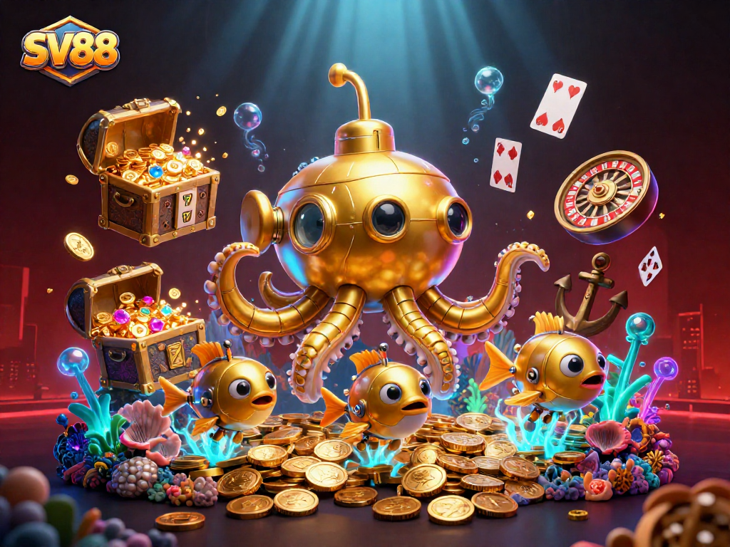 SV88 kraken submarine and mechanical fish revealing slot games and treasures in a vibrant underwater scene