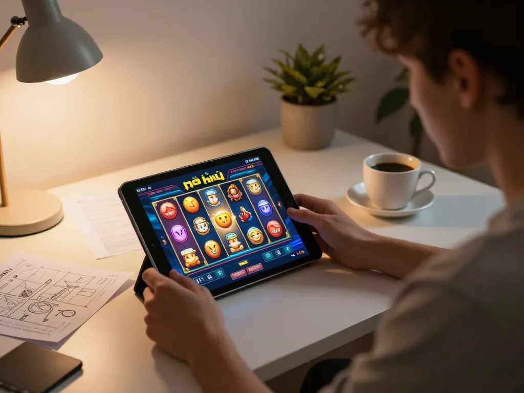 Player engaging in nổ hũ gameplay on a tablet, surrounded by strategy notes in a cozy home setting.