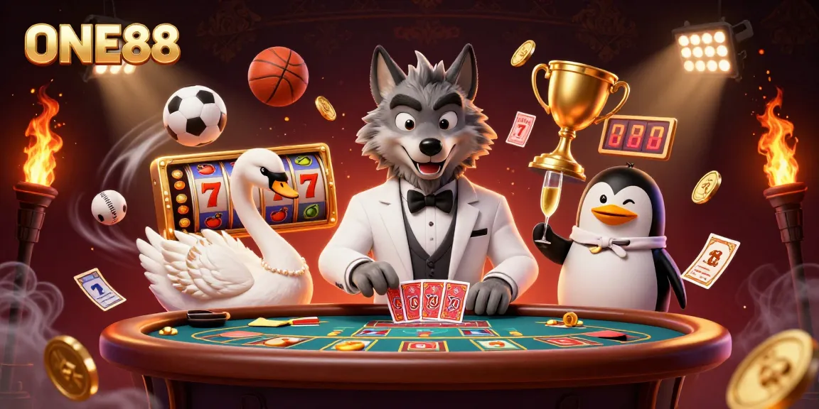 Engage with ONE88 as you witness a debonair wolf enjoying high-stakes baccarat in a vibrant casino scene.
