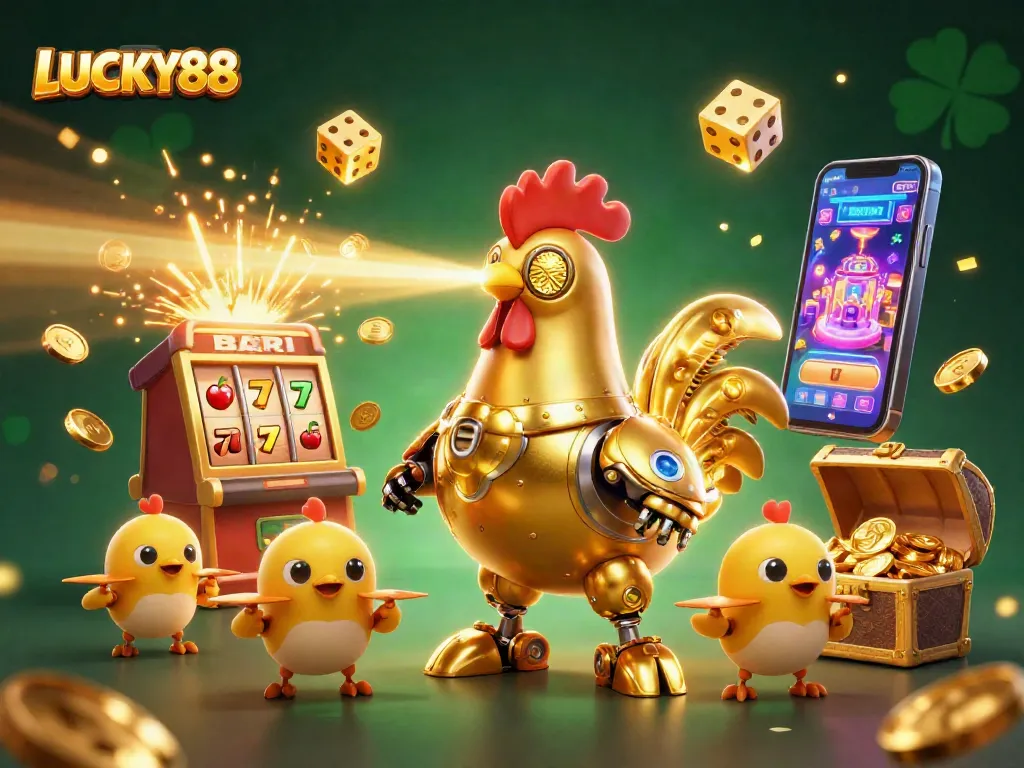 Experience the thrilling LUCKY88 slot game with 3D digital art showcasing dynamic casino elements.