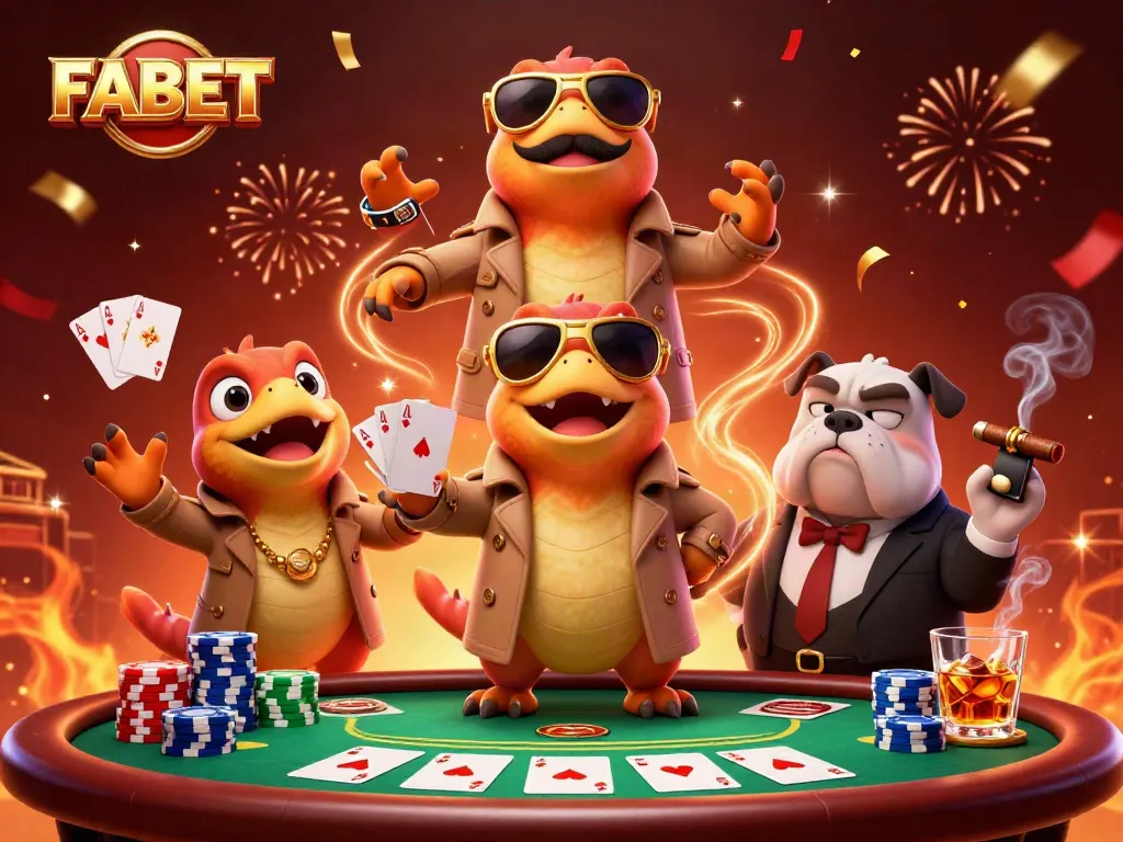 Bet big at FABET with cartoon raptors attempting VIP entry in a lively casino atmosphere.