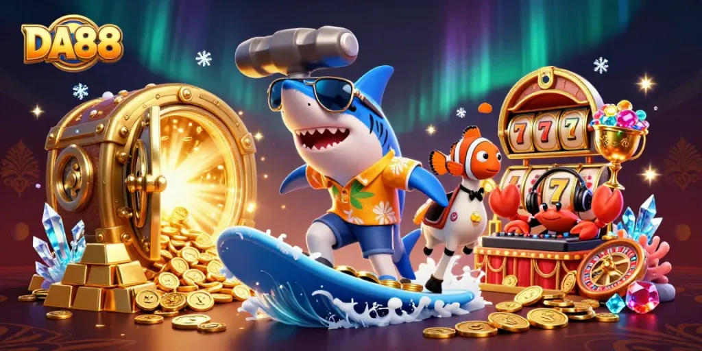 Engage with DA88 while experiencing a vibrant casino scene featuring characters and rich gambling elements.