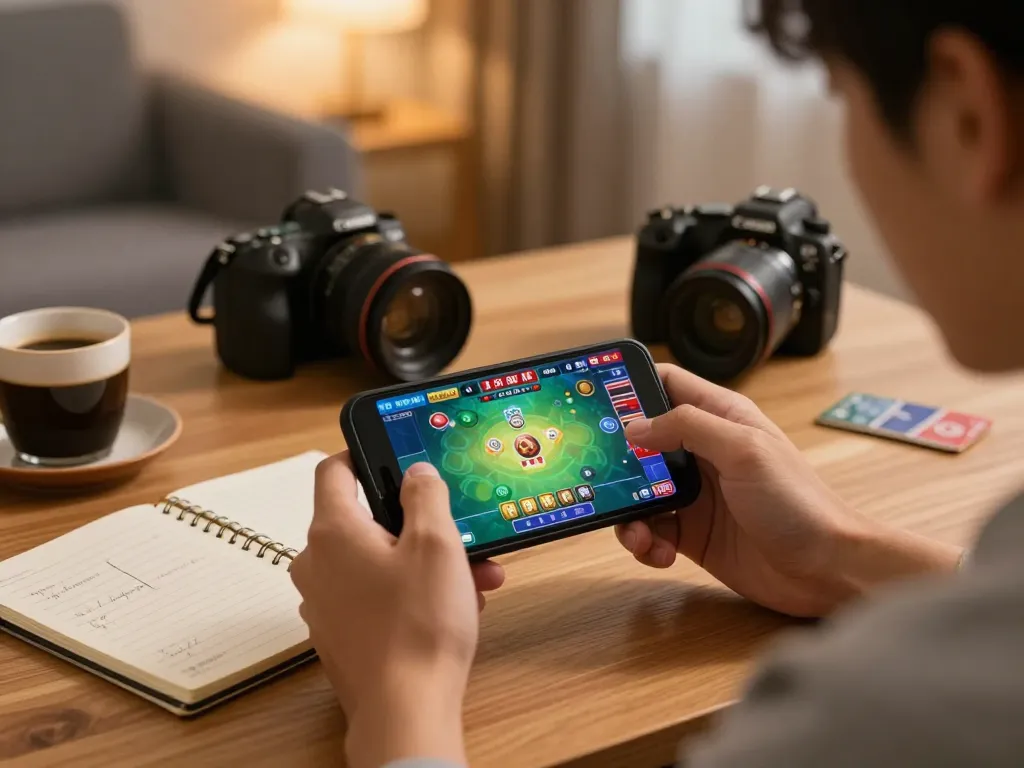 Xóc đĩa gameplay on smartphone, showcasing strategic online gambling in a cozy home setting.
