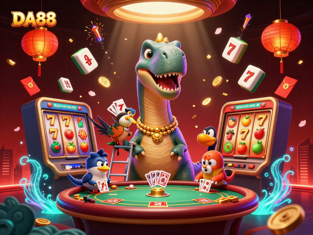 Experience DA88's vibrant gaming scene with a playful dinosaur dealer for an exciting poker adventure.