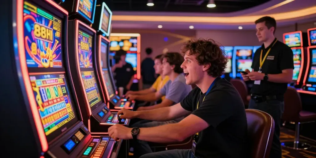 Pemain slot88 terlibat dalam permainan mesin slot modern di kasino dengan suasana ceria dan terang.