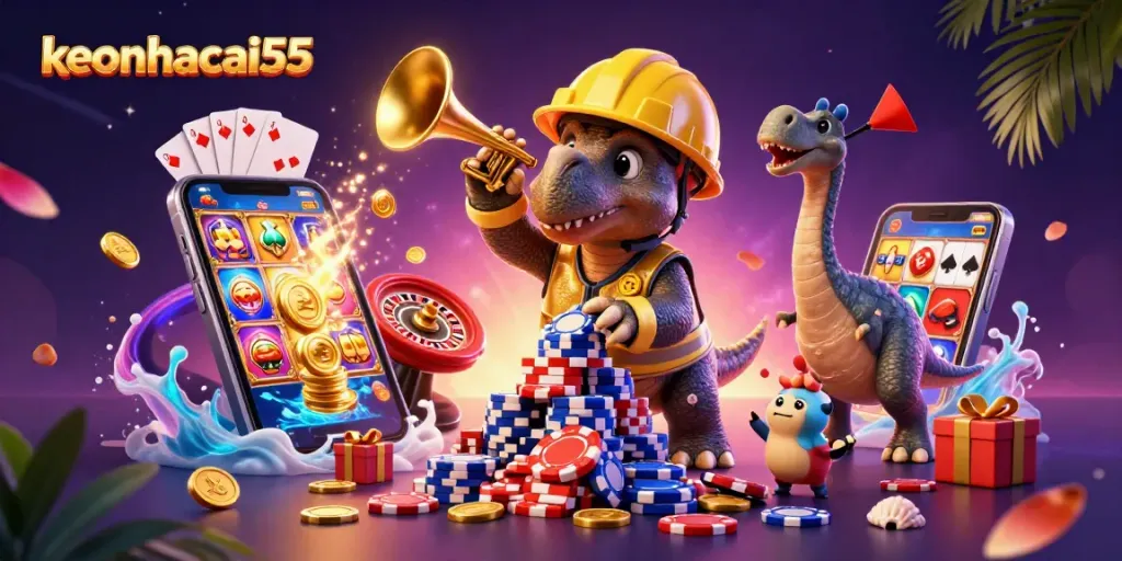Cheer for wins at keonhacai55 with triceratops and celebrations among casino games and vibrant colors.