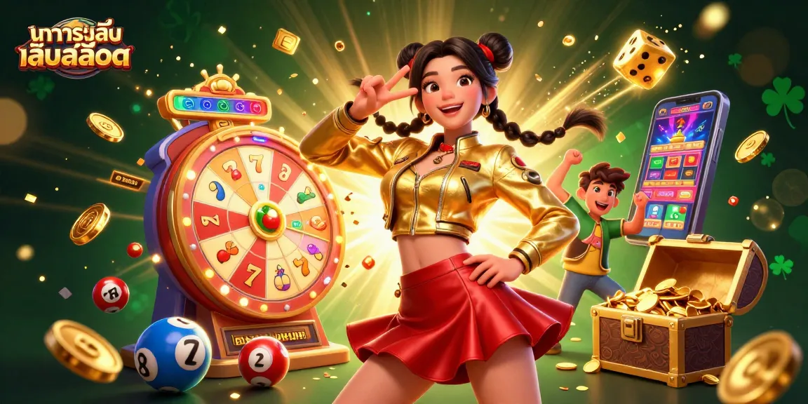 Try your luck with ทดลองเล่นสล็อต featuring a joyful woman, vibrant casino elements, and colorful confetti.