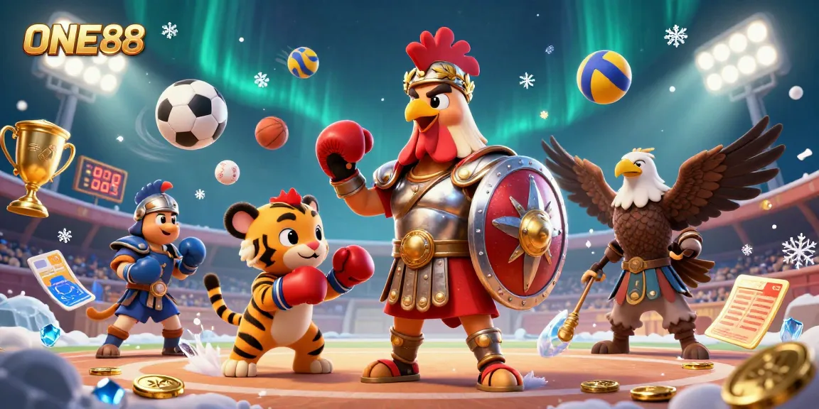 ONE88 showcases a vibrant gaming scene featuring sports elements and unique characters, encapsulating entertainment.