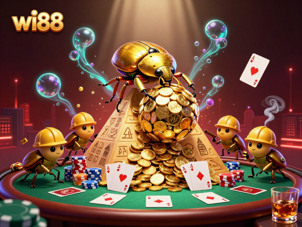 Engage with the excitement of winning big at wi88, featuring golden beetles and poker elements in a dynamic casino setting.