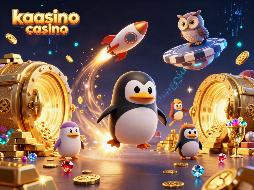 Kaasino casino showcases vibrant action with a rocket-powered penguin amid treasure and a poker chip casino.