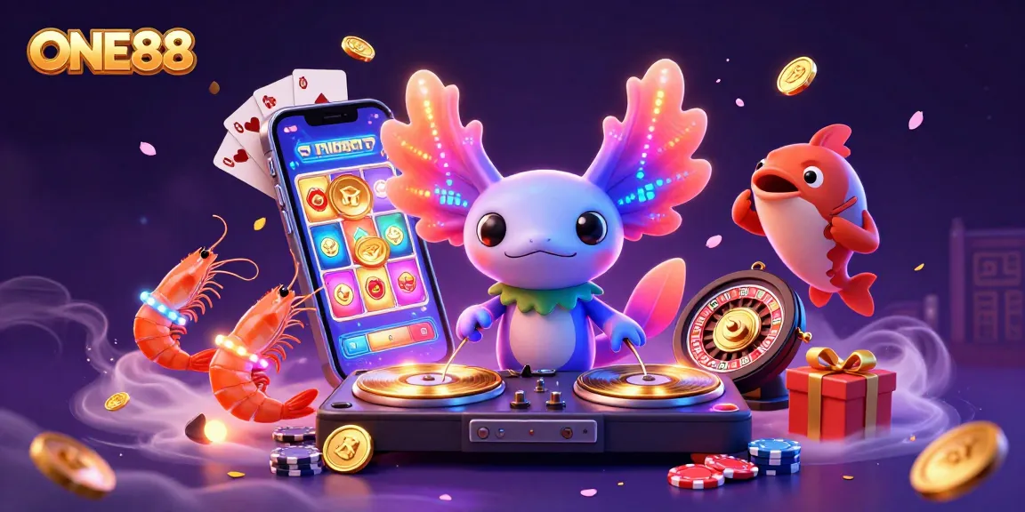 ONE88 brings excitement with a neon axolotl DJ, shrimp dancers, and vibrant slot game action.