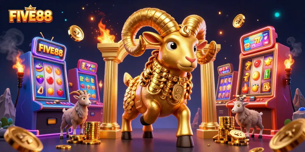 Engage with FIVE88's thrilling slots featuring a golden ram and vibrant casino elements.