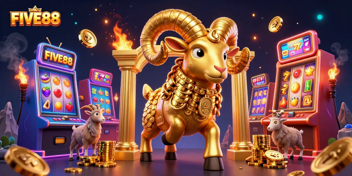 Engage with FIVE88's thrilling slots featuring a golden ram and vibrant casino elements.
