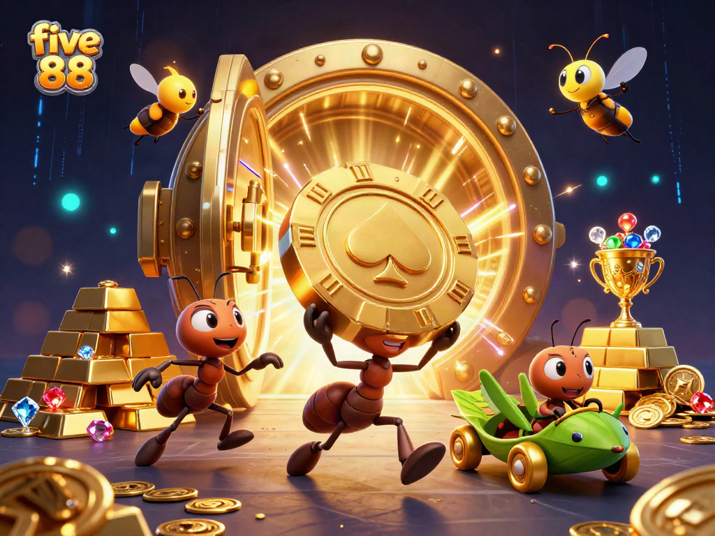 Experience the excitement of five 88 where ants run a heist with a giant poker chip in a vibrant casino.