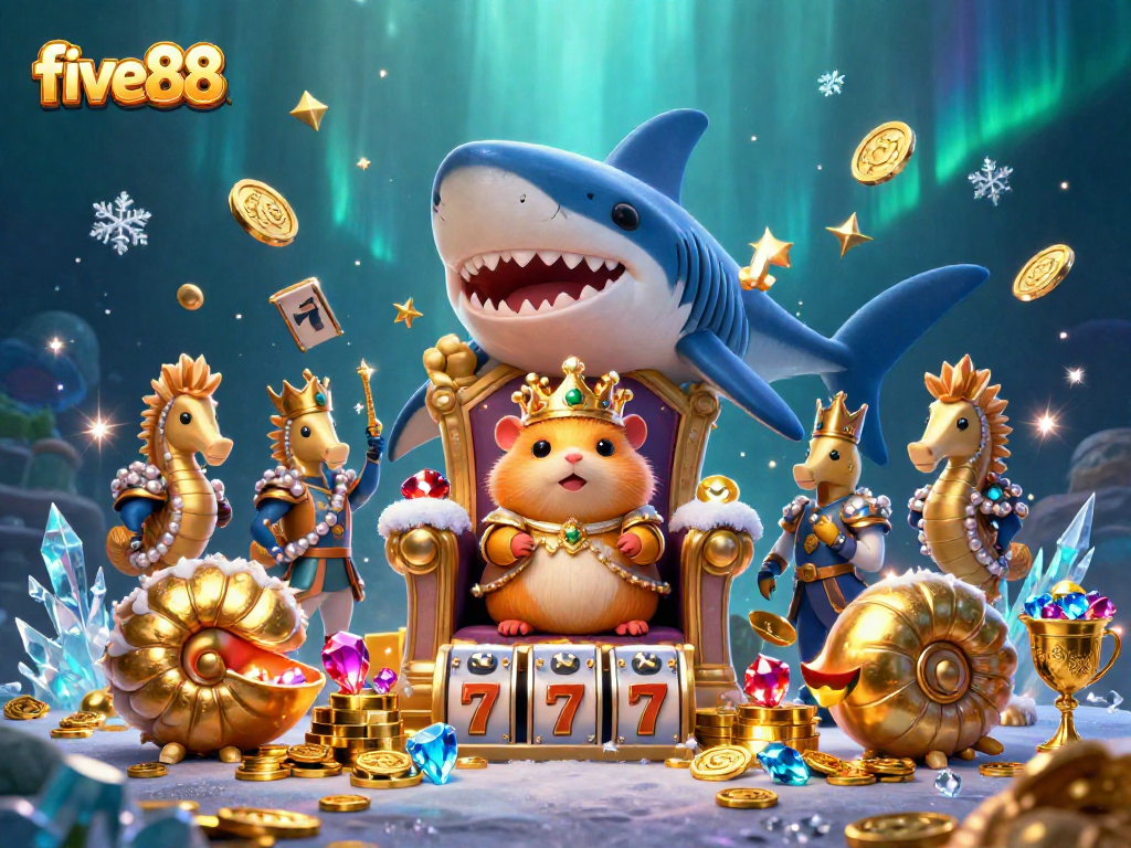 Experience the thrill of five88 with a hamster king on a shark throne amidst dazzling slot elements.