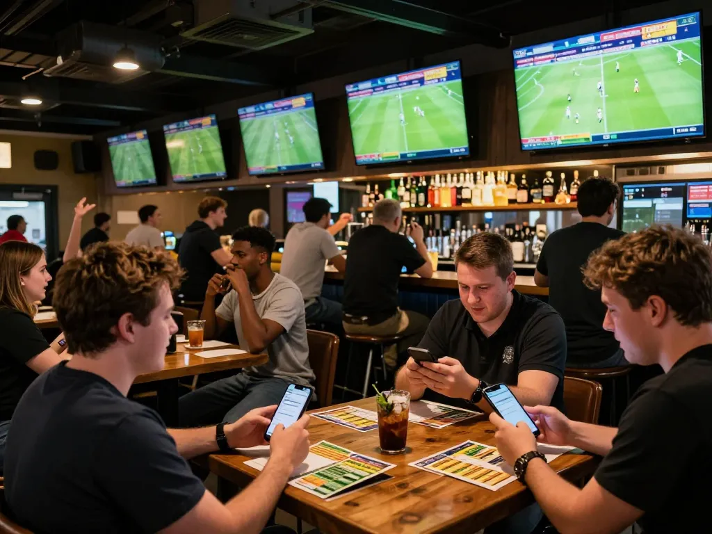 Kết quả bóng đá being celebrated in a vibrant sports bar with fans checking scores and making bets.