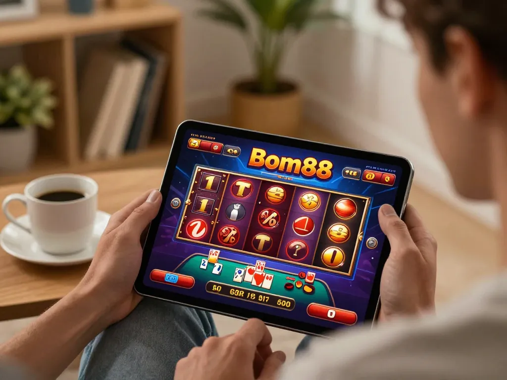 Player enjoying Bom88 online games on tablet amidst a cozy home environment.