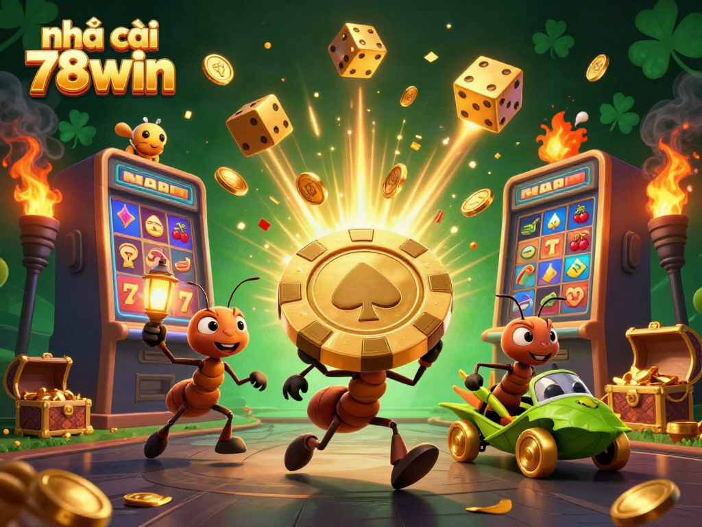 Experience the excitement at nhà cái 78win, where a cartoon team of ants is capturing a gigantic poker chip amidst casino chaos.