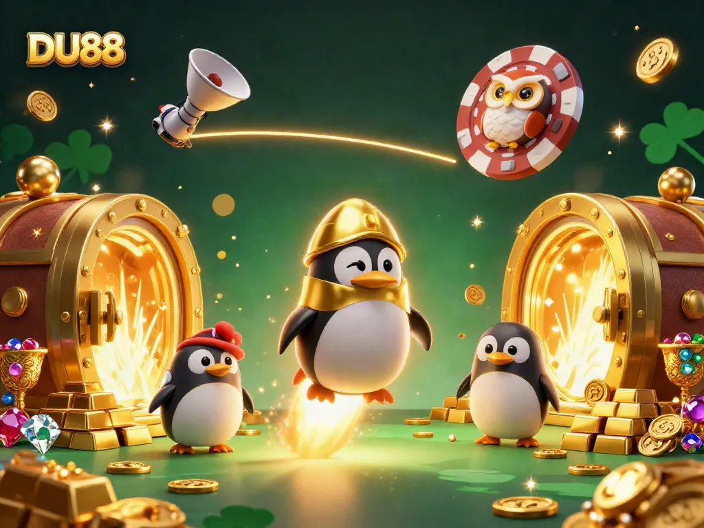 Experience DU88’s excitement with a gold coin-blasting penguin heading towards a giant poker chip casino.