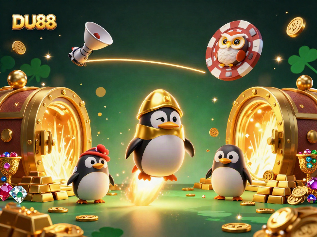 Experience DU88’s excitement with a gold coin-blasting penguin heading towards a giant poker chip casino.
