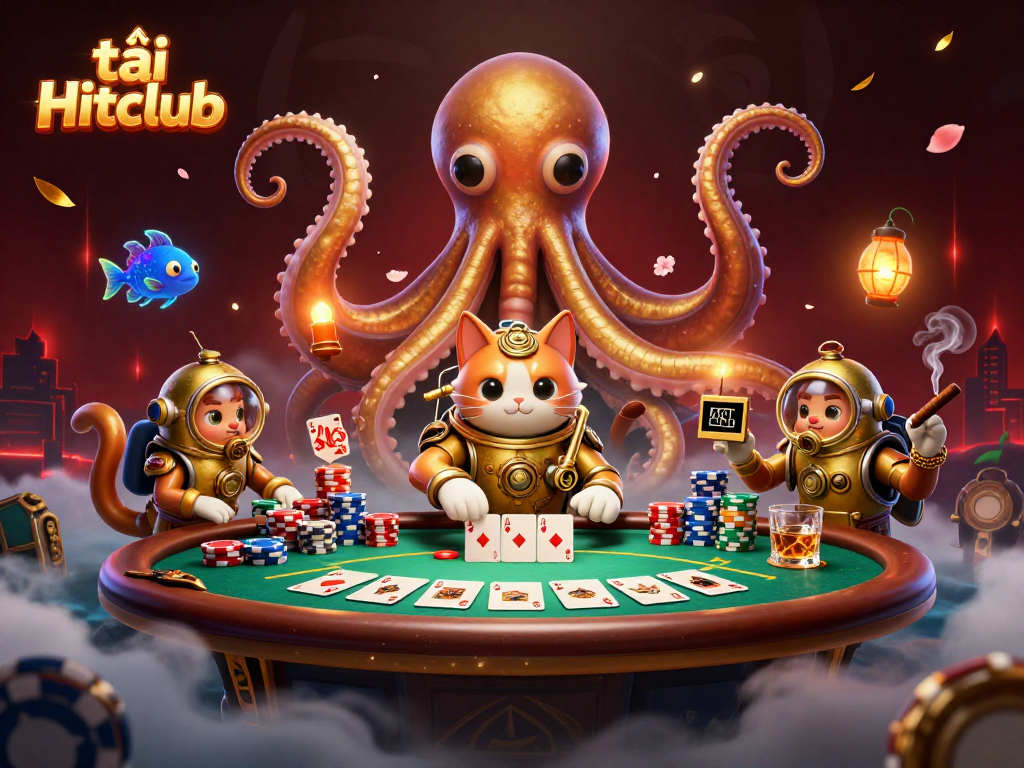 Experience exciting gameplay with tải Hitclub in a vibrant 3D casino scene featuring a kraken, diving cat, and poker elements.