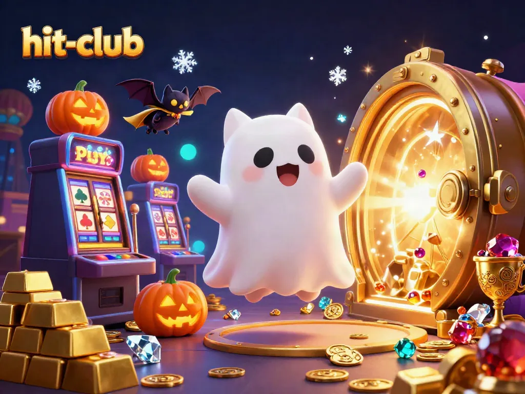 Experience thrilling gameplay at hit-club with a whimsical ghost cat and vampire bat in a vibrant casino setting.