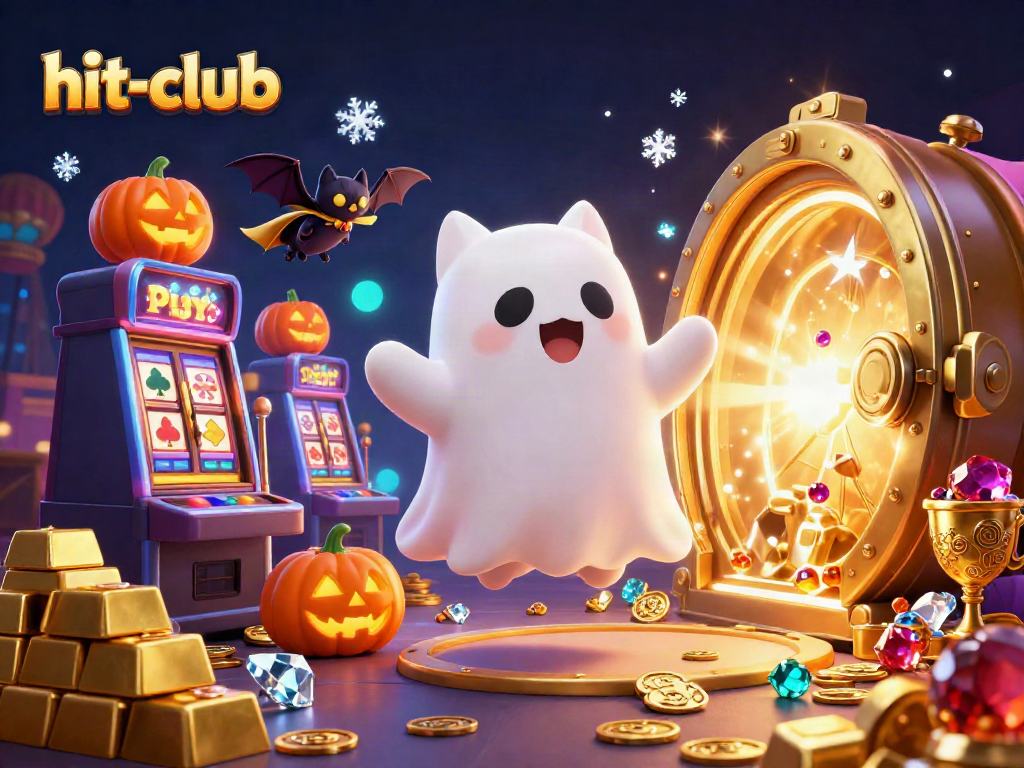 Experience thrilling gameplay at hit-club with a whimsical ghost cat and vampire bat in a vibrant casino setting.