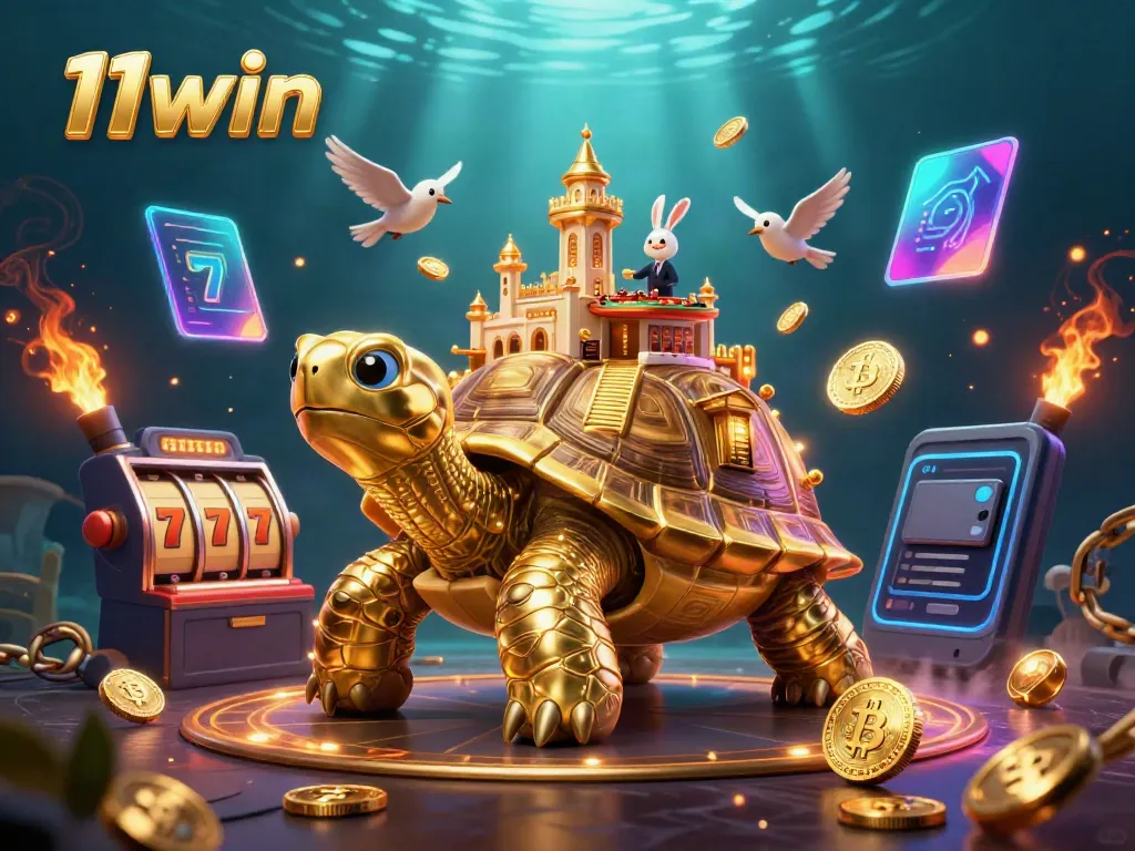 Experience thrilling gaming action at 11win with a vibrant golden tortoise casino and a rabbit dealer.