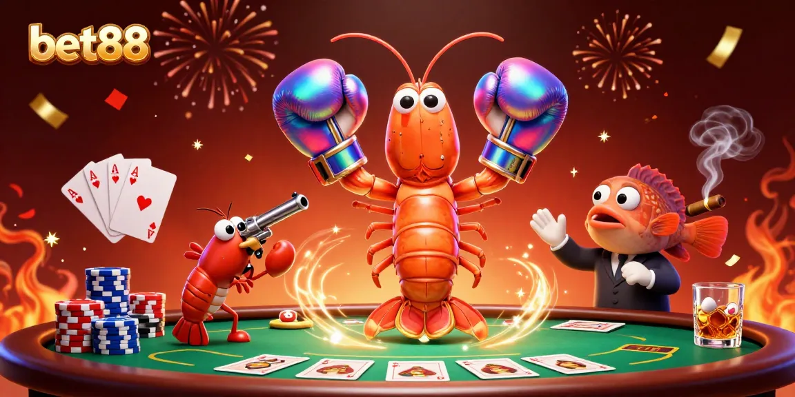 Experience the excitement of bet88 as animated shrimp characters engage in dynamic poker action.