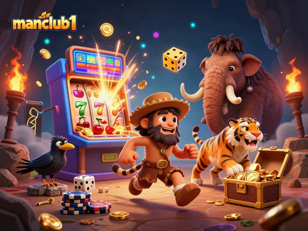 manclub1 captivates players with a vibrant casino scene featuring a lively caveman duo and a clever crow.
