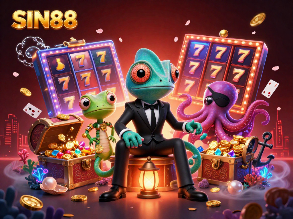 SIN88 showcases vibrant slot reels and characters in an engaging 3D casino illustration.
