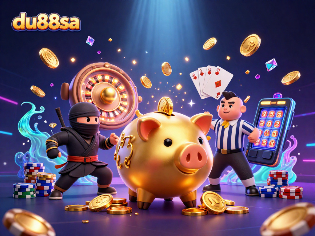du88sa features an energetic scene with a golden piggy bank sumo wrestler amidst swirling casino elements.