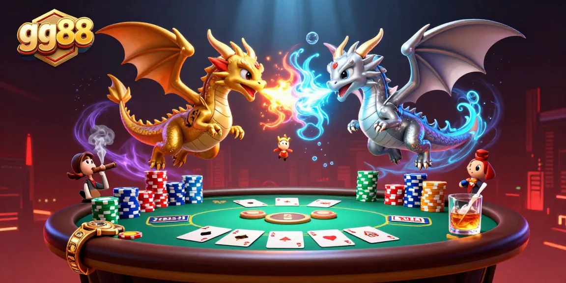 Experience the magic of gg88 with vibrant dragons and poker excitement in an illuminating 3D casino scene.