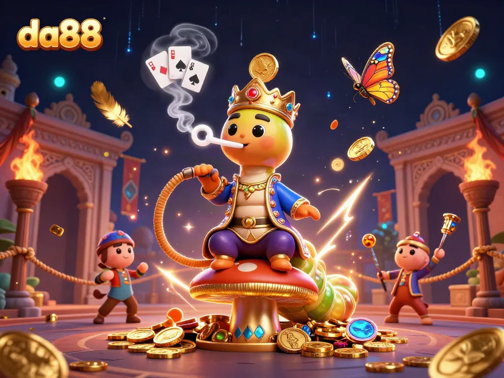 Win at da88 with a vibrant scene of casino excitement, featuring a magical caterpillar and poker motifs.