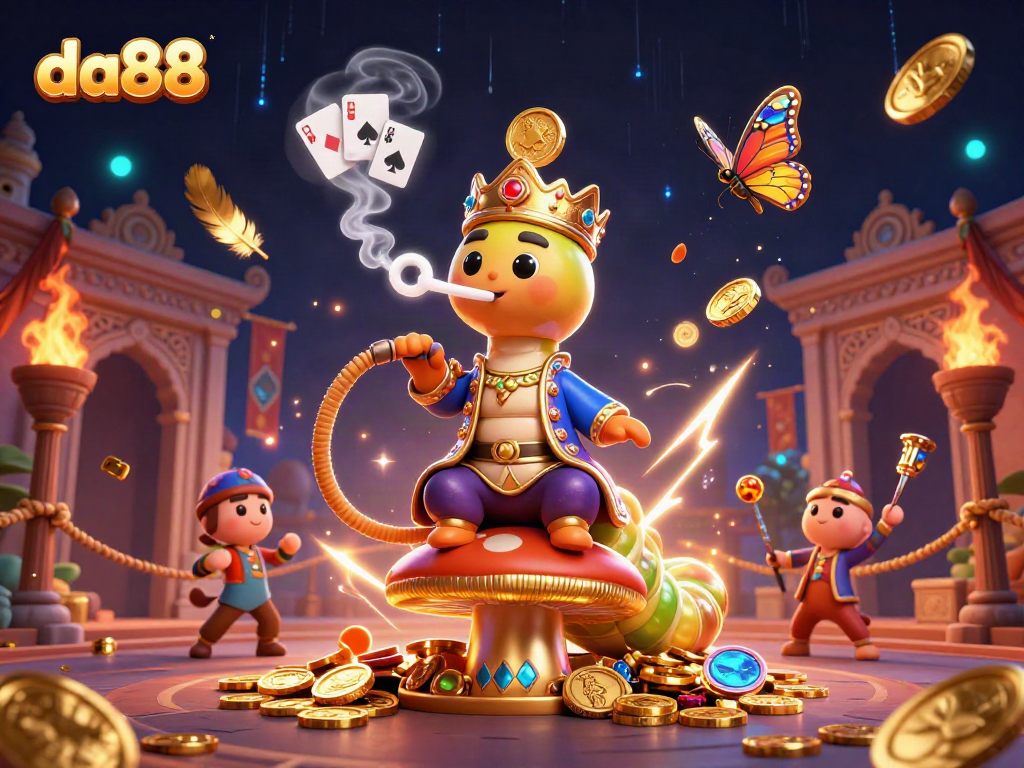 Win at da88 with a vibrant scene of casino excitement, featuring a magical caterpillar and poker motifs.