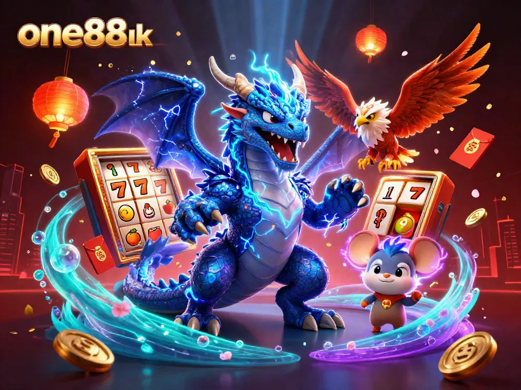 Experience thrilling slot adventures with one88uk in a vibrant casino scene featuring electric characters and dynamic elements.