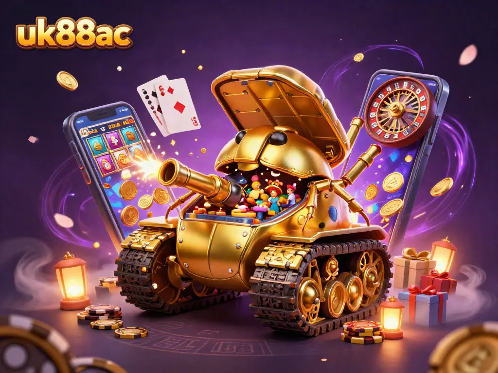 Engage with the vibrant gaming world of uk88ac, featuring a dynamic casino scene in a playful 3D illustration.