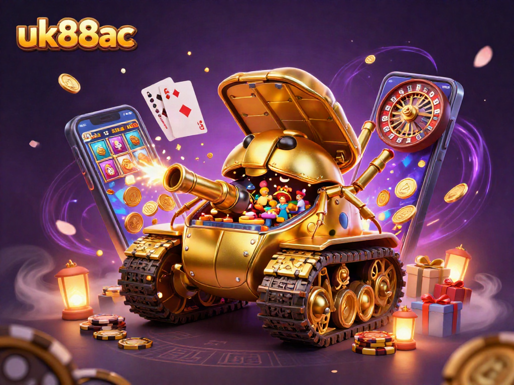 Engage with the vibrant gaming world of uk88ac, featuring a dynamic casino scene in a playful 3D illustration.