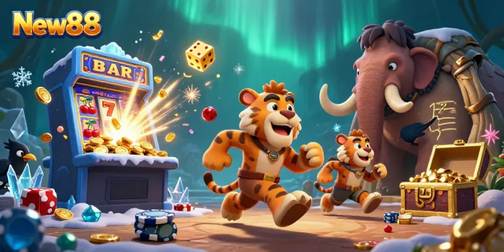 Experience the excitement of New88 with a vibrant 3D casino scene showcasing unique elements.