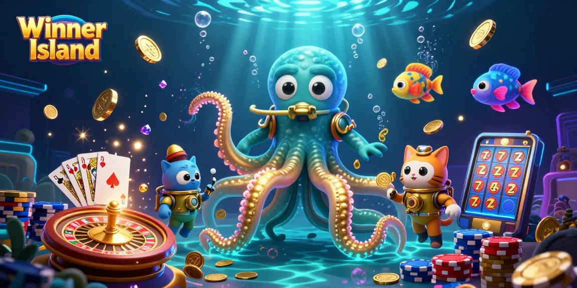 Engage in thrilling games at Winner Island with a vibrant casino scene featuring golden coins and jackpot excitement.