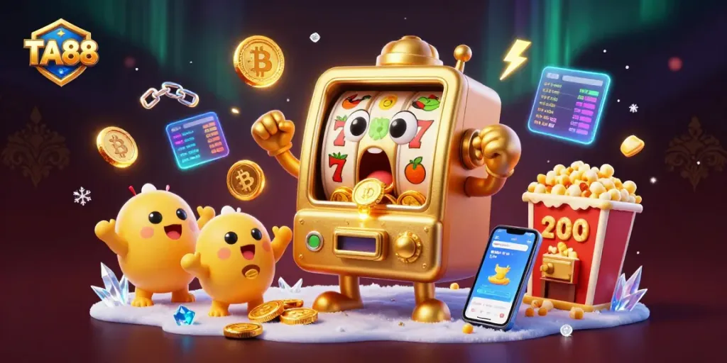 TA88 slot machine celebrates a big win, showcasing coins and neon elements in a lively casino scene.
