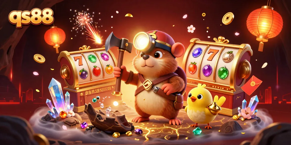 Celebrate big wins at qs88 with a treasure hunter mole and dazzling slot reels in this vibrant casino scene.