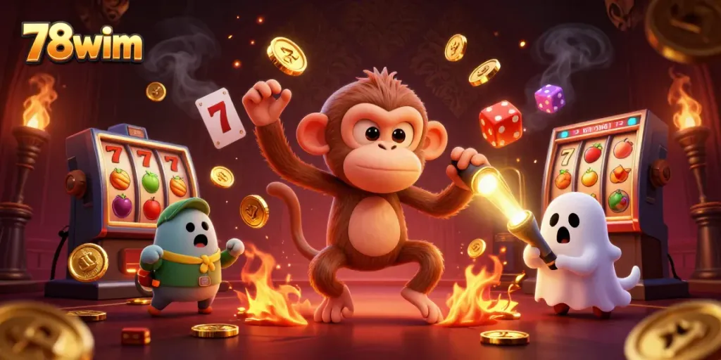 Experience thrilling gameplay at 78wim, featuring dynamic slot reels and golden treasures in a haunted casino setting.